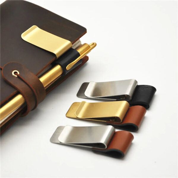 H49f8bd3ad0eb4229a2c7adc7b0d9bd0f2.jpg School Office Supply Stainless Steel Handmade Leather Brass Clips Stainless Steel Pen Holder Clip Journal Notebook Paper Folder