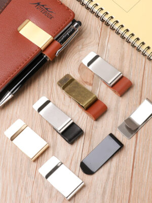 H701b9e63c593431fb150d91c1af27221q.jpg School Office Supply Stainless Steel Handmade Leather Brass Clips Stainless Steel Pen Holder Clip Journal Notebook Paper Folder