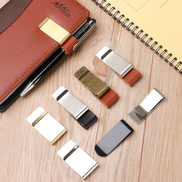 H701b9e63c593431fb150d91c1af27221q.jpg School Office Supply Stainless Steel Handmade Leather Brass Clips Stainless Steel Pen Holder Clip Journal Notebook Paper Folder