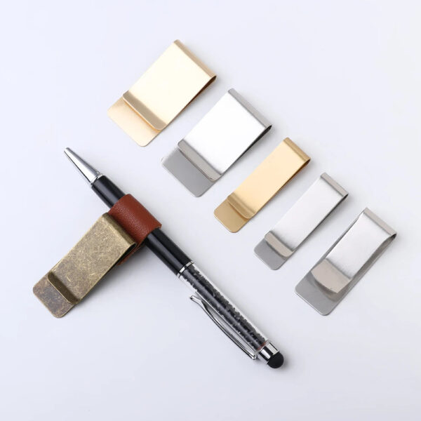 HTB1YX7jLPDpK1RjSZFrq6y78VXaW.jpg School Office Supply Stainless Steel Handmade Leather Brass Clips Stainless Steel Pen Holder Clip Journal Notebook Paper Folder