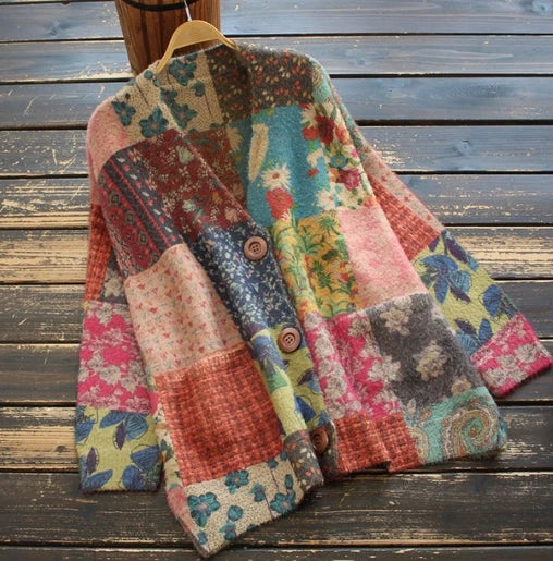 Hf83056d5bef049d89f48fcd990277a3es.jpg Women Loose Sweater Ladies Colorful Patchwork V neck Jacket Knitted Outerwear Knit Tops Female Spring Autumn Sweater 2023