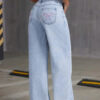 HOUZHOU Women's Loose Fit Distressed Straight Leg Jeans Blue Sweet Bow Embroidery Denim Trousers Casual Baggy Jeans with Pockets