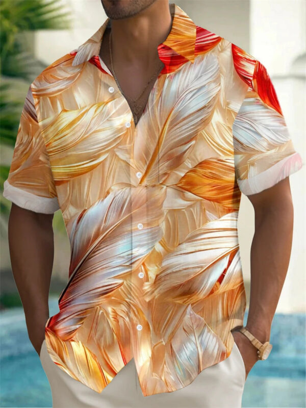 Summer Men's Shirt 3D Print Colorful Feather Short Sleeve Turndown Hawaiian Shirt Button Up Shirts No Pockets Shirts for Women
