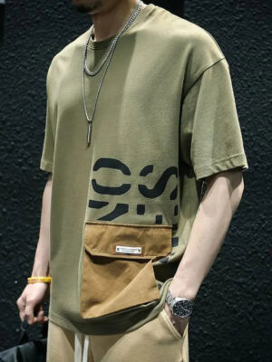 S01a1721f1a46496e9bc5775aaa36d603r.jpg Retro Casual Short Sleeved T-shirt Men Round Neck Summer Oversized Loose Handsome Sports Printed Patchwork Pockets Pullover Tops