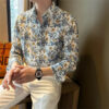 Men Clothing Korean Fashion Floral Print High Street Chic Shirt Spring Autumn Casual Long Sleeve Slim Fit Tops Camisas De Hombre