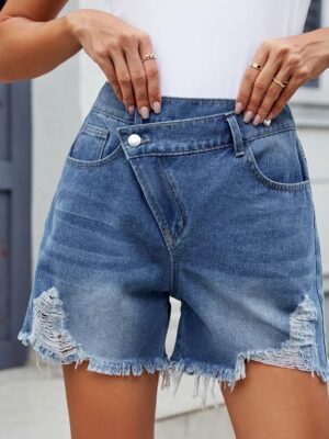 S035c648d0a08427384c0cfcf4215d8c7K.jpg Denim Shorts for Women Distressed Hole Jeans Irregular Washed Mid Waist Pockets Streetwear 2025 Female Vintage Short Pants