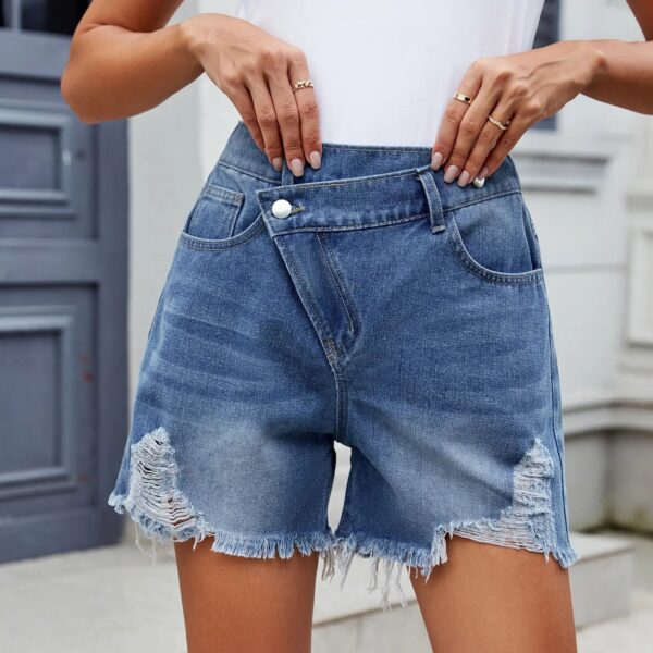 S035c648d0a08427384c0cfcf4215d8c7K.jpg Denim Shorts for Women Distressed Hole Jeans Irregular Washed Mid Waist Pockets Streetwear 2025 Female Vintage Short Pants