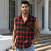 Men's Summer Fashion Casual Plaid Print Sleeveless T Shirt Vest Buckle Sanding 2023 Korean Style Mens Tank Tops Beach Vest