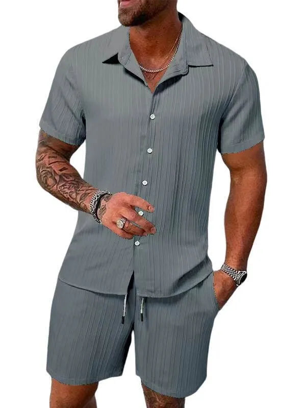 S06a33525265d46e1b247cd901bd0a4e7m.jpg Spring And Summer New Sports Men's Polo Casual Solid Color Loose Short-sleeved Drawstring Shorts Cardigan Striped Sports Suit