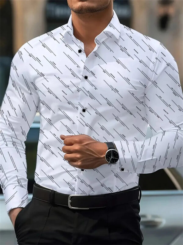 Men's shirt fashion geometric line print long sleeve shirt business office casual slim versatile daily outdoor commuting top