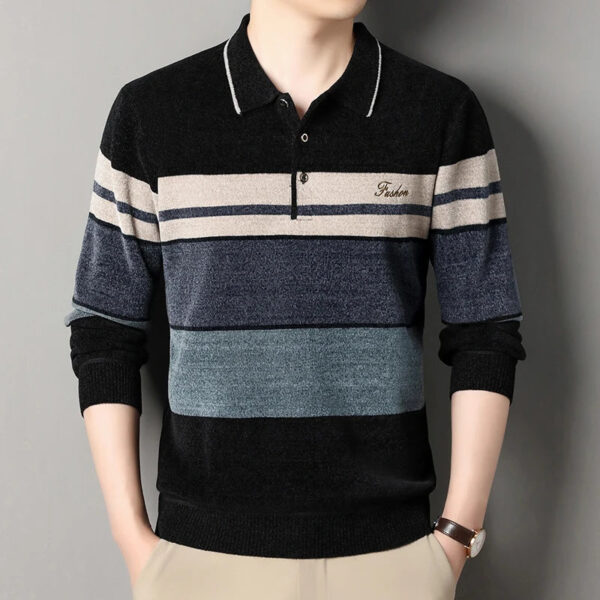 S0939bca0955045e4ae1c310506977f71i.jpg Men's Lapel Sweater Fashion Striped Knitted Pullovers Autumn Winter Fleece Lined Knitwear Thickened Jumpers New Jersey