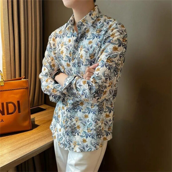 Men Clothing Korean Fashion Floral Print High Street Chic Shirt Spring Autumn Casual Long Sleeve Slim Fit Tops Camisas De Hombre