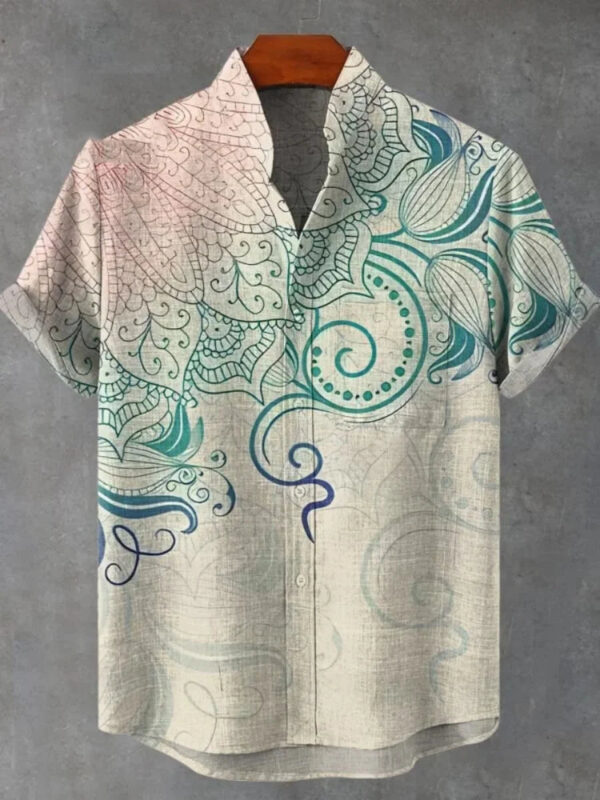 S0aaf0f4fa8c44d42a079be8e2377cac2A.jpg 2025 Men's Mandala Flower Pattern Short Sleeve Shirt Summer Vintage New Linen Shirt men's Short Sleeve Leisure Holiday Streetwea