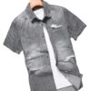 Men's Summer Grey Denim Short Sleeve Shirt with Distressed and Ripped Details, Urban Street Fashion Casual Style