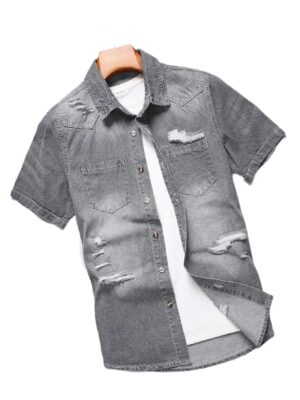 S0d2afb88e20e49e299845bdc2be10888m.jpg Men's Summer Grey Denim Short Sleeve Shirt with Distressed and Ripped Details, Urban Street Fashion Casual Style