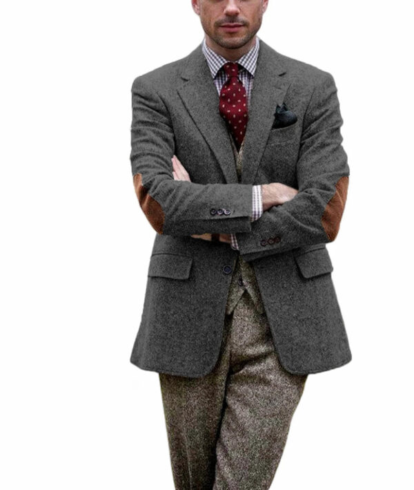 Vintage Winter Tweed Suits Brown Tweed Men Suits With Patch Design Costume Homme Smart Business Formal Wedding Suits 1 Pieces