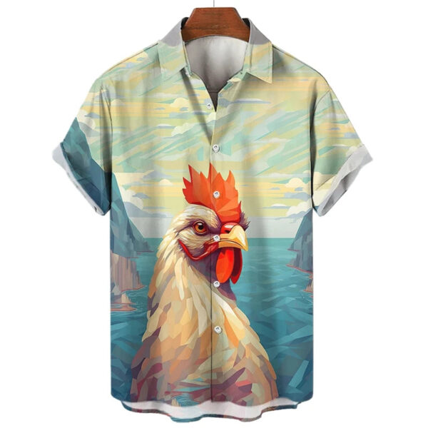 Funny Chicken Graphic Shirts For Men Clothes Cute Cartoon Hawaiian Short Sleeve Fashion Animal 3D Print Blouses Y2k Beach Shirts