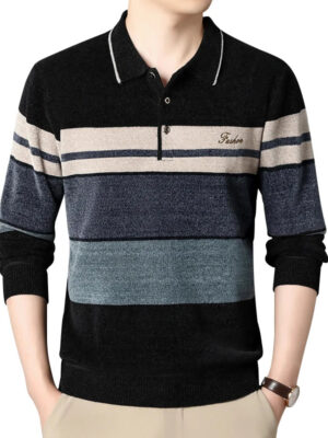 S0f2c1a208e0640e8b6f462caa960e021h.jpg Men's Lapel Sweater Fashion Striped Knitted Pullovers Autumn Winter Fleece Lined Knitwear Thickened Jumpers New Jersey