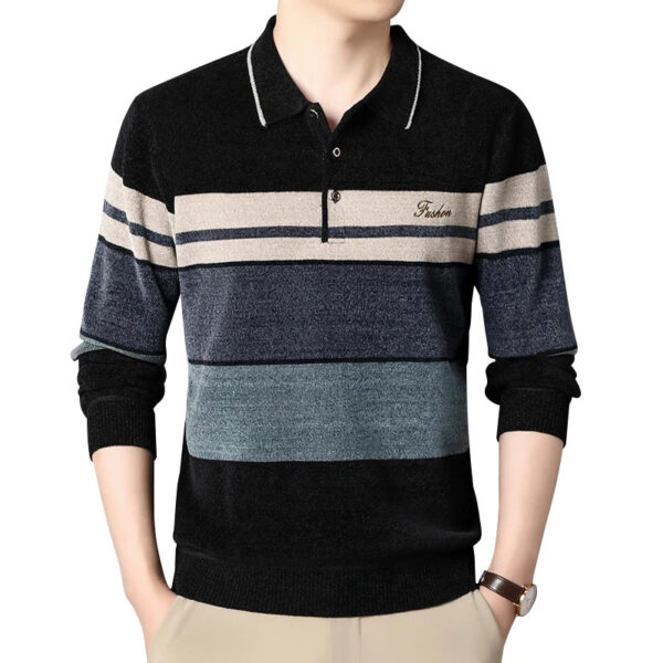 S0f2c1a208e0640e8b6f462caa960e021h.jpg Men's Lapel Sweater Fashion Striped Knitted Pullovers Autumn Winter Fleece Lined Knitwear Thickened Jumpers New Jersey