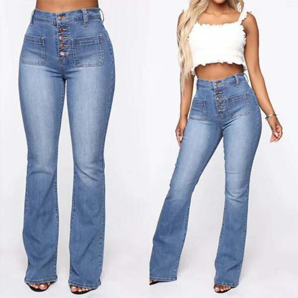 S111f625189d7406eaf0fe42bba895e66B.jpg Europe and The United States Slim High Waist Breasted Jeans, Women's Spring and Autumn Fashion Wash Slightly Flared Pants Jeans