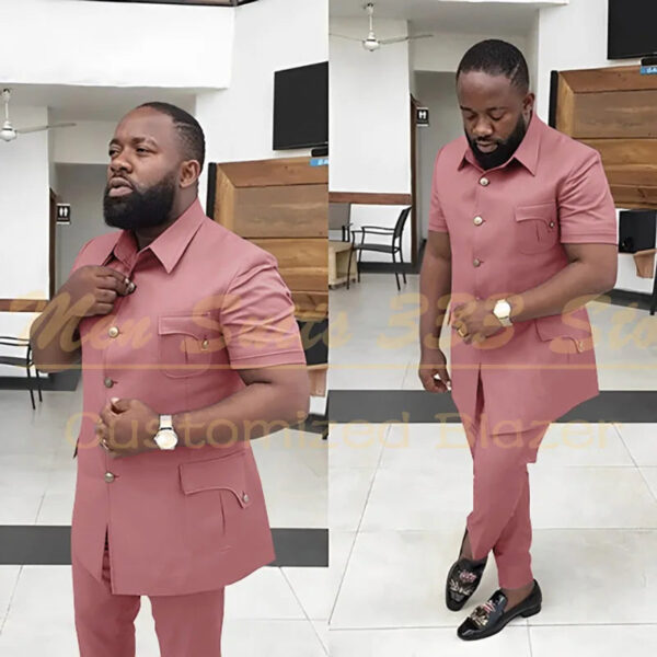 S113b9c34f3974073bfbb7934d14794b9i.jpg Summer Men's Suits Solid Color Short Sleeve Single Breasted Stand Lapel Casual Outfits 2 Piece Jacket Pants Set Slim Fit Terno