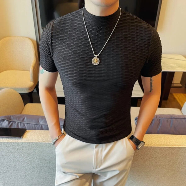 S123b85fca8464a7693a7d4e744dafacaP.jpg Summer Half High Collar Elastic T Shirts For Men Korean Fashion Versatile Slim Fit Short Sleeve Casual Pullovers Tops Tees 4XL-M