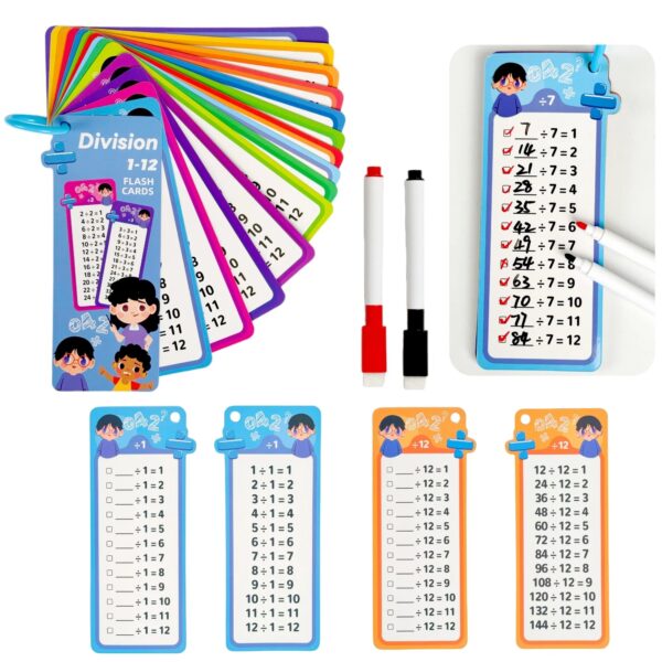 Math Flash Cards Set: Addition, Subtraction, Multiplication, Division & Fraction Learning, 15 Cards + 2 Erasable Pens