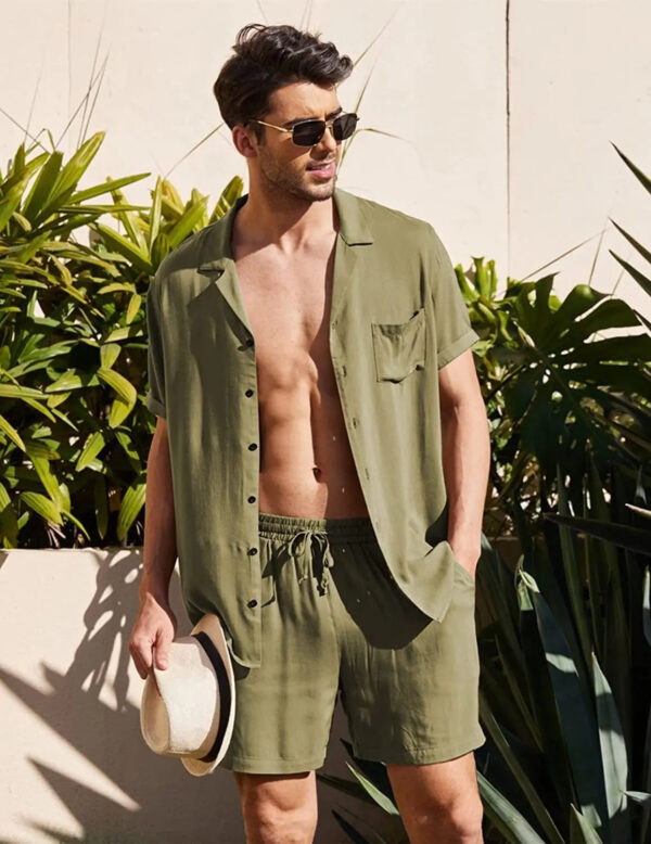 S13e4d6b8f02145f99b8caf85cad11b2f1.jpg Summer Cotton Linen Shirt Set Men's Casual Outdoor 2-Piece Suit Andhome Clothes Pajamas Comfy Breathable Beach Short Sleeve Sets