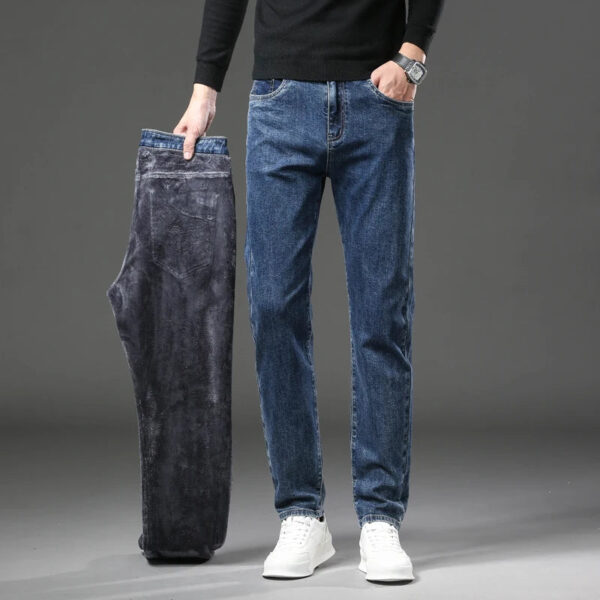 S141f48ecff9a41afb170d6e517d73510I.jpg Winter Fleece Thick Warm Jeans Men's Slim Straight Elastic Denim Pants Casual Male Clothing Fashion Plush Trousers