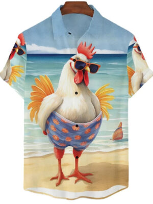 S143cf0d2969740ea97058beefae40fe0g.jpg Funny Chicken Graphic Shirts For Men Clothes Cute Cartoon Hawaiian Short Sleeve Fashion Animal 3D Print Blouses Y2k Beach Shirts