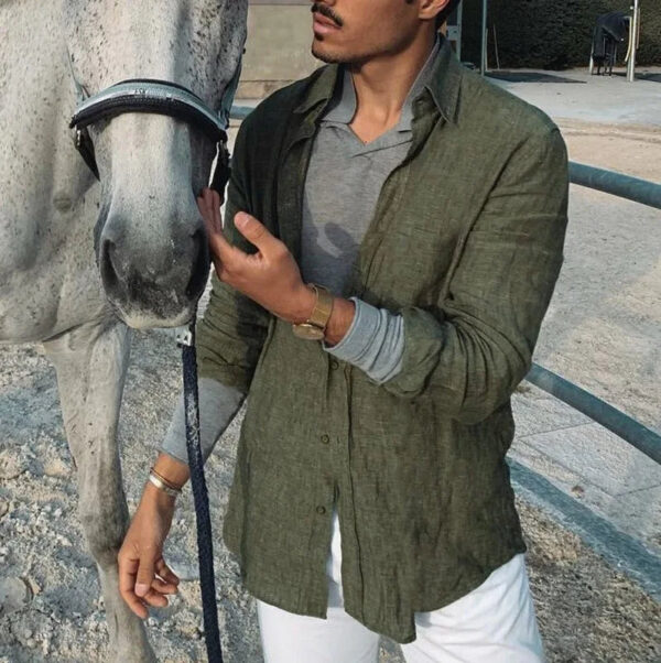 S147e4e8bfd74477dacd24bd08db51e052.jpg Men's new men's long sleeve buttoned cotton linen shirt lapel cardigan