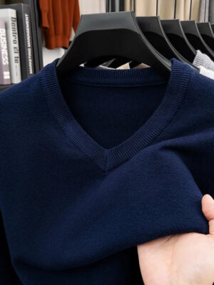 S14b0226d3dda479ea41fd65d97f462bcF.jpg 2025 Men's V-Neck Basic Solid Color Sweatshirt Warm Autumn Knitted Oversize Pullover Elastic round Neck Sweater for Casual Wear