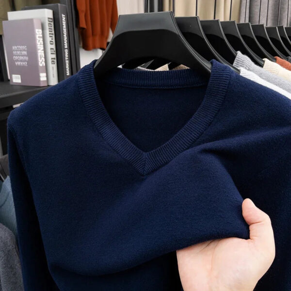 S14b0226d3dda479ea41fd65d97f462bcF.jpg 2025 Men's V-Neck Basic Solid Color Sweatshirt Warm Autumn Knitted Oversize Pullover Elastic round Neck Sweater for Casual Wear