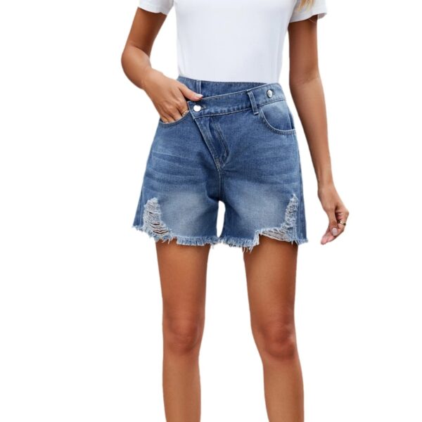 S14cdec40913841f99d46ef7f4d0c7e60m.jpg Denim Shorts for Women Distressed Hole Jeans Irregular Washed Mid Waist Pockets Streetwear 2025 Female Vintage Short Pants