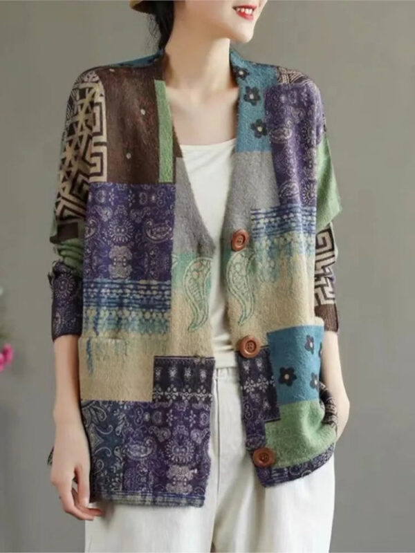 S15f66bd3875d4b049e653cf431cbf03ac.jpg Women Loose Sweater Ladies Colorful Patchwork V neck Jacket Knitted Outerwear Knit Tops Female Spring Autumn Sweater 2023