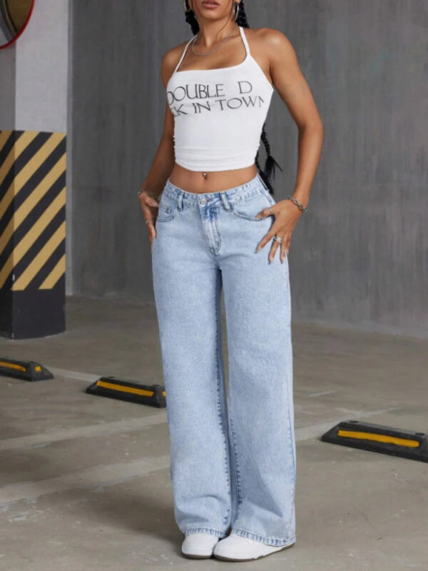 HOUZHOU Women's Loose Fit Distressed Straight Leg Jeans Blue Sweet Bow Embroidery Denim Trousers Casual Baggy Jeans with Pockets