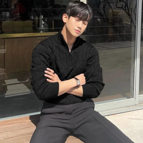 S168b68c01aa94fdcb2b3deeef2ef356fk.jpg Autumn Men Knitted Zipper Pullover Sweater Long Sleeve Solid Color Premium Jacquard Stand Collar Knitwear Trending Streetwear