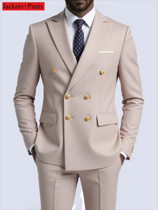 Men Double Breasted Suit Black Slim Fit High Quality Wedding Costume Party Prom Gold Button Male Suits
