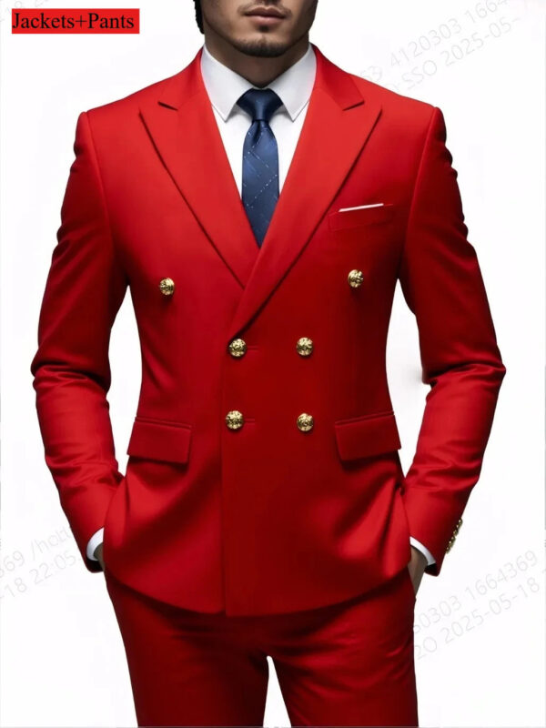 Men Double Breasted Suit Black Slim Fit High Quality Wedding Costume Party Prom Gold Button Male Suits