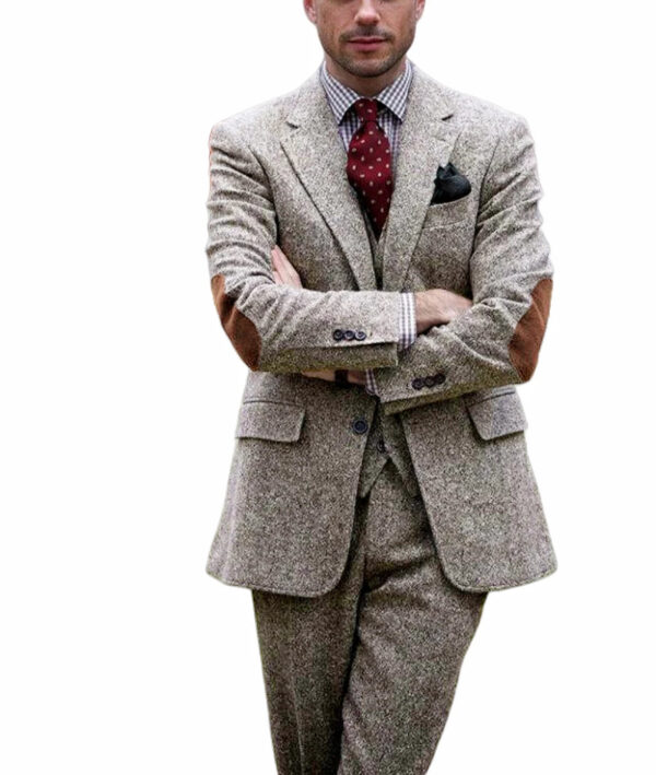 Vintage Winter Tweed Suits Brown Tweed Men Suits With Patch Design Costume Homme Smart Business Formal Wedding Suits 1 Pieces