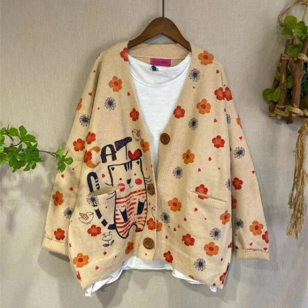 S178f30c3676944ef8a890e24301b482fw.jpg Women Loose Sweater Ladies Colorful Patchwork V neck Jacket Knitted Outerwear Knit Tops Female Spring Autumn Sweater 2023