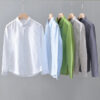 Green Cotton Linen Casual Shirts For Men Basic Classic Long Sleeve Turn-down Collar Breathable Clothing