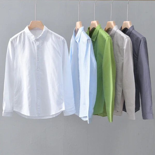 Green Cotton Linen Casual Shirts For Men Basic Classic Long Sleeve Turn-down Collar Breathable Clothing