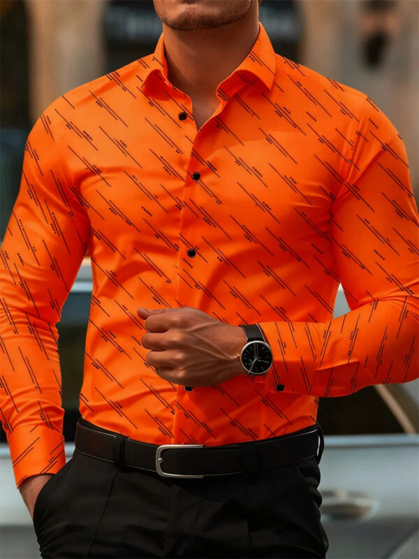 Men's shirt fashion geometric line print long sleeve shirt business office casual slim versatile daily outdoor commuting top