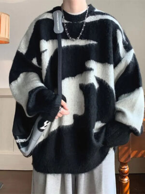 S184286059c3c43038e3eac1302a3c5e7Y.jpg Young Style Loose Knitted Pullovers Men's Clothing Basic Round Neck Autumn Winter Vintage Contrasting Colors Patchwork Sweaters