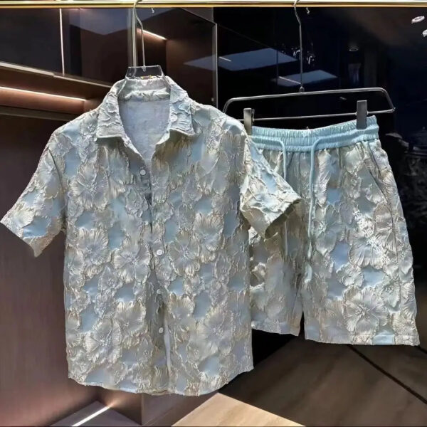 S19b17d3c07154d0d8aed749b337fe262o.jpg Ethnic Style Embossed Gold-hot Flower Short-sleeved Shirt and Shorts Two-piece Set Men Summer Loose Black Gold Shirt Set