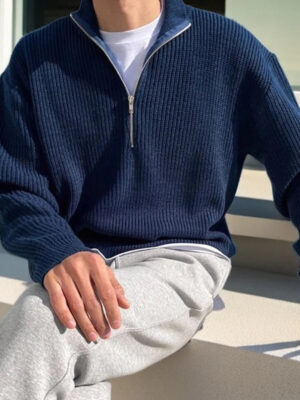 S1b143deda20e41ed84ed1385250f039fG.jpg American Fashion Brand Design Korean Style Stand Collar Half Zipper Sweater Men's Temperament Versatile Knitted Sweater