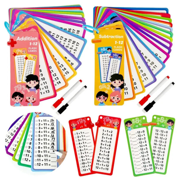 Math Flash Cards Set: Addition, Subtraction, Multiplication, Division & Fraction Learning, 15 Cards + 2 Erasable Pens