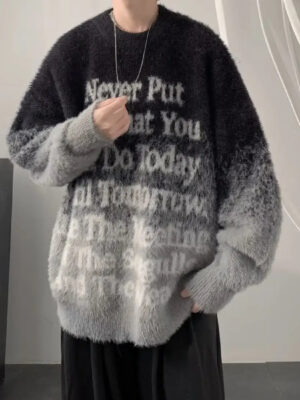 S1b68d8fc882c4d3ca4d933963893a638h.jpg Gradient Letters Retro Sweater Men's Autumn Winter Loose Fashion Brand Handsome Clothes American Trendy Lazy Style Knitted
