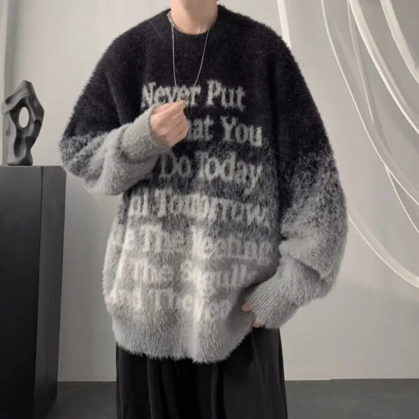 S1b68d8fc882c4d3ca4d933963893a638h.jpg Gradient Letters Retro Sweater Men's Autumn Winter Loose Fashion Brand Handsome Clothes American Trendy Lazy Style Knitted